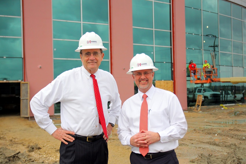 Mississippi Secretary of State Delbert Hosemann, at left, toured East Mississippi Community College’s “Communiversity” near the Golden Triangle campus. EMCC President Dr. Thomas Huebner, at right, conducted the tour. Hosemann was in town to meet with area educators and business leaders.