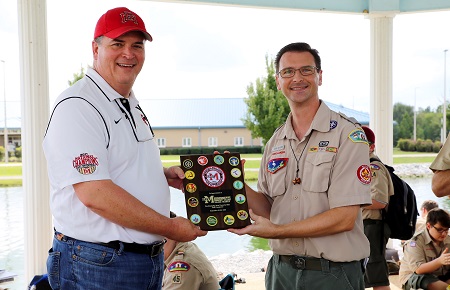 Boy Scouts of America Pushmataha Area Council Scout Executive Jeremy Whitmore, at right, presents EMCC Vice President of the Golden Triangle Campus Dr. Paul Miller with a plaque of appreciation Saturday, September 22, 2018. EMCC hosted the Pushmataha Area Council Fall Camporee.