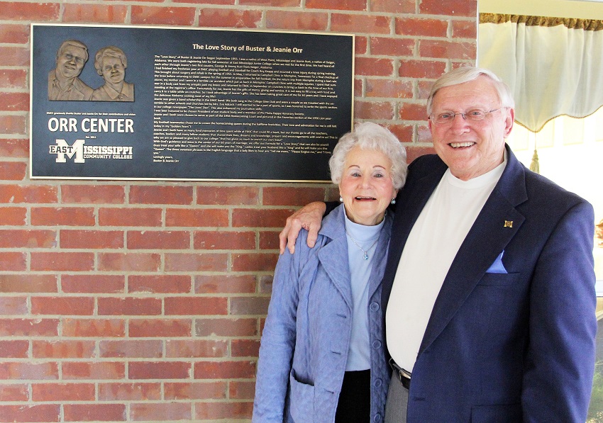 A plaque installed outside the Orr Center for Christian Activity tells the story of how Jeanie Orr, at left, and Buster Orr, at right met at then East Mississippi Junior College in 1955. The two later married.