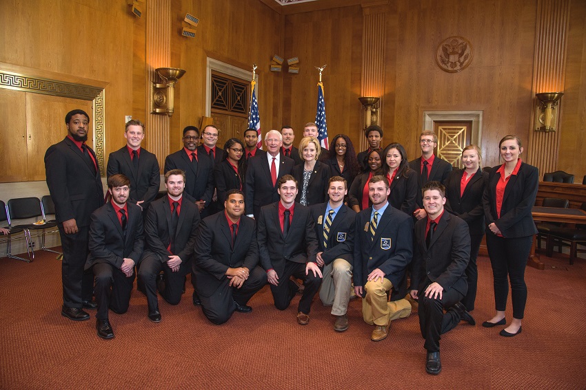 While competing in the 2018 Collegiate DECA International Career Development Conference in Arlington, Va., members of East Mississippi Community College’s Scooba and Golden Triangle DECA chapters met with U.S. Sens. Rocker Wicker and Cindy Hyde-Smith, at center. The students, accompanied by EMCC Marketing instructor Dr. Joshua Carroll, also met with Mississippi’s four U.S. representatives while in Washington, D.C. 