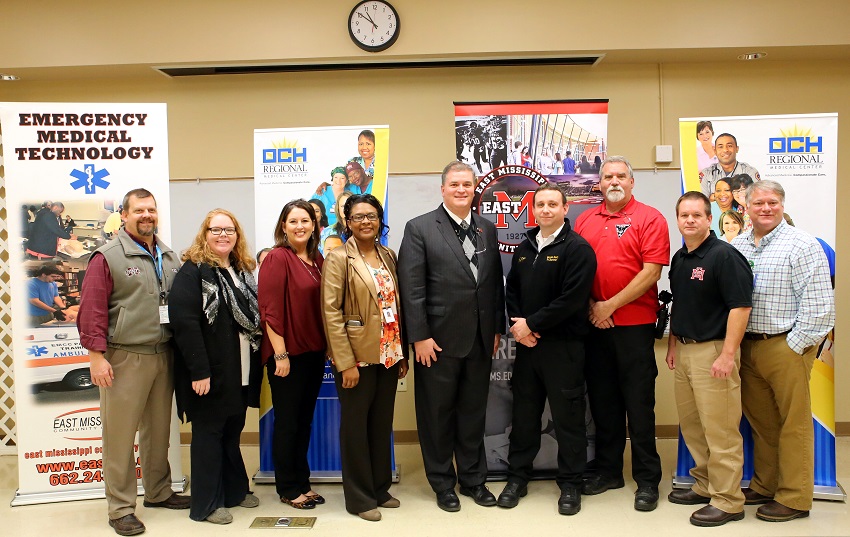 Officials from East Mississippi Community College, OCH Regional Medical Center and Oktibbeha County Fire Department gathered at a press conference to announce a partnership to provide EMT training to firefighters. Pictured at the press conference are, from left, East Oktibbeha Volunteer Fire Department Board Treasurer Russ Lyle, EMCC Associate Degree Nursing instructor Brittany Shurden, EMCC Associate Degree Nursing instructor Karen Taylor, EMCC Director of Nursing and Allied Health Dr. Tonsha Emerson, EMCC Vice President of the Golden Triangle Campus Dr. Paul Miller, Oktibbeha County Training Officer Austin Check, East Oktibbeha Volunteer Fire Department Chief Greg Ball, EMCC Director of Emergency Medical Services Education Chris Kelly and OCH Regional Medical Center Director of Emergency Medical Services Michael Hunt.