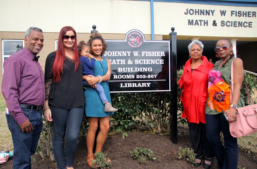 Attendees of the dedication of the Johnny W. Fisher Math and Science building on East Mississippi Community College’s Golden Triangle campus included Fisher’s family, who are, from left: his son, Jaja Fisher; daughter-in-law, Stephanie Fisher; granddaughters, Blaise and Stefania Fisher; wife, Currie Jean Brewer Fisher; and daughter, Currie Jonniecka Fisher.