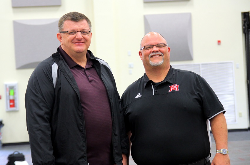 Ron Gann, at left, and Chris King, at right, used to play on the same college band nearly 30 years ago. King, who is the director of bands for East Mississippi Community College, recently hired Gann to fill the assistant director of bands position.