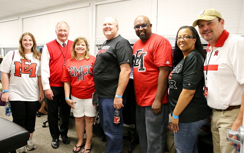 From left, Christine Latch, former East Mississippi Community College Interim President Dr. Rick Young, Jaye Latch, Randall Latch, George Shankle, Jr., Tracie Shankle, and EMCC Executive Director of College Advancement Marcus Wood in the skybox during the college’s football game against Hinds Community College. The Latch and Shankle families are both from Longview, Texas and attended EMCC’s season opening football game against Hinds Community College.