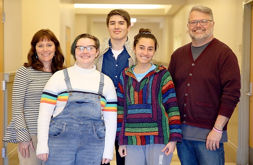 Front row, from left, Georgia Wood and Ana Sofia Licona Luque are among the East Mississippi Community College students who placed in a statewide art competition, as is Samuel Gibson, middle back row. Their EMCC art instructors are, Cindy Buob, far left, and Scott Baine, far right. Not pictured is Dan Joyner, a student on EMCC’s Scooba campus, who is also among the winners. Wood is also enrolled at the Golden Triangle Early College High School.