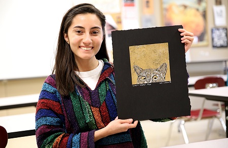 Ana Sofia Licona Luque, a freshman at East Mississippi Community College, took first place in the Printmaking category in a state competition with her piece titled “Who’s There?”