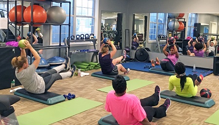 Workout routines, such as this ab class, are popular at East Mississippi Community College’s Wellness Center on the Scooba campus, which has expanded its offerings to the community through programs funded through grants by Blue Cross & Blue Shield of Mississippi Foundation. 