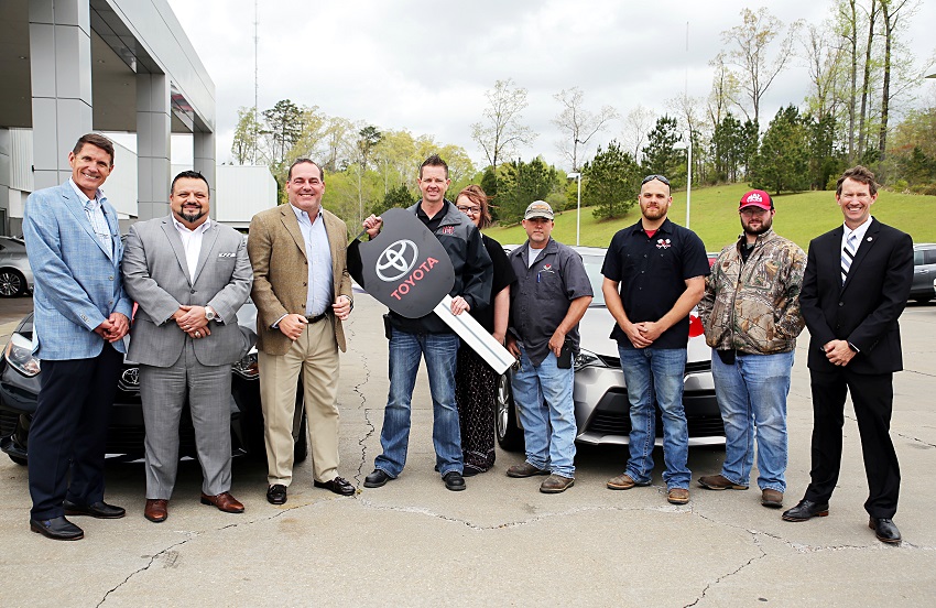 Carl Hogan Toyota in Columbus donated two Toyota Corollas to East Mississippi Community College’s Automotive Technology Program April 4. Pictured at the dealership with the Corollas are, from left, Gulf States Toyota District Service and Parts Manager Colin Jones, Gulf States Toyota Workforce Development Manager Robert Trevino, Carl Hogan Toyota General Manager Jonnie Moore, EMCC lead automotive instructor Dale Henry, EMCC Manufacturing Technology & Engineering Navigator Greta Miller, EMCC automotive instructor Shane Richards, EMCC diesel instructor Michael Ricks, EMCC fleet maintenance Lane Yarbrough and EMCC President Dr. Scott Alsobrooks.