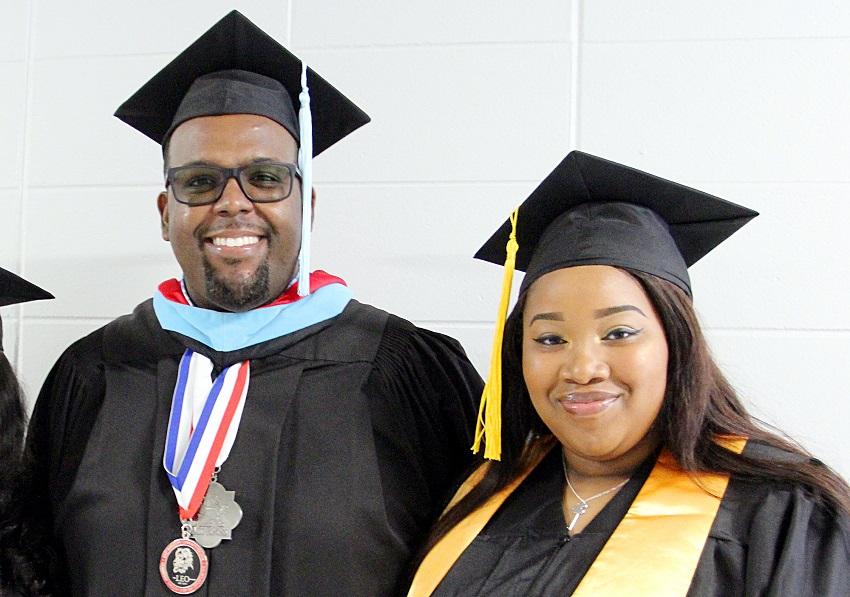 Jaykanze Bryant, at right, graduated from East Mississippi Community College May 4 and from Noxubee County High School May 24. She is pictured here at EMCC’s graduation ceremony on the Scooba campus with EMCC Associate Dean of Instruction James Rush.