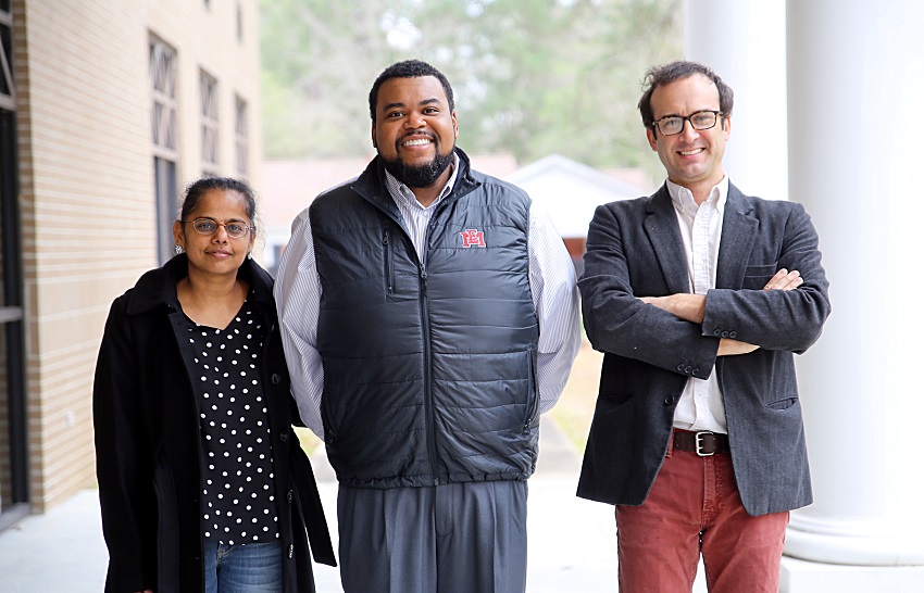 From left, Mississippi State University associate professor Dr. Bindu Nanduri, East Mississippi Community College instructor Jairus Johnson, and MSU assistant professor Dr. Jonas King are collaborating on the “Bridges to Baccalaureate” program, which will provide paid summer research internships to select EMCC students transferring to MSU.