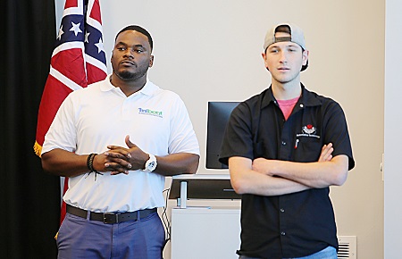 EMCC MIBEST Student Navigator Jeremy Tate, at left, was the host for a MIBEST information session Oct. 22 at East Mississippi Community College’s Communiversity. Jake Halverson, at right, is enrolled in the MIBEST program, which offers students a myriad of services intended to help them succeed in the workforce.