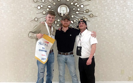 East Mississippi Community College student Levi Linton of Webster County, far left, took first place in Welding Technology in the Mississippi SkillsUSA Championships in Jackson. Patrick Stewart of West Point, far right, earned second in Welding Sculpture. Both students, who are pictured with welding instructor Cliff Sanders, are enrolled at the college’s Golden Triangle campus.