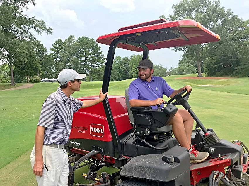 Old Waverly Golf Club Assistant Golf Superintendent Zak Holloway, at left, and golf course laborer Gill Wilkerson have been busy preparing the golf course for the United States Golf Association’s 2019 U.S. Women’s Amateur Championship. Wilkerson is among seven former, current and future students of East Mississippi Community College’s Golf & Recreational Turf Management students who will be working during the event.