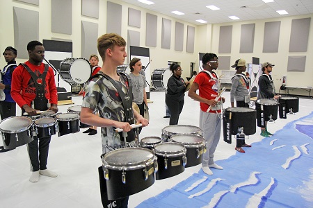Members of East Mississippi Community College’s Winter Percussion group practice their routine Thursday, Feb. 13, in Scooba. The new group is gearing up for its second competition Feb. 22 in Pearl and the Mississippi Indoor Association state competition March 27 in Jackson.
