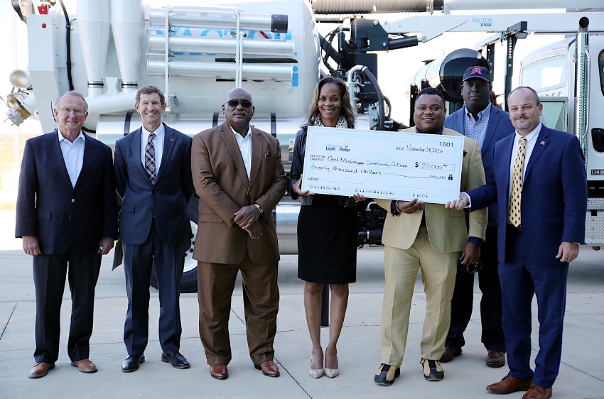 Columbus Light & Water donated $20,000 to the East Mississippi Community College Development Foundation to create a scholarship for students associated with the Columbus Municipal School District who enroll in Heavy Civil Construction or Utility Lineworker Technology at EMCC. Present at a ceremonial check presentation were, from left, Columbus Light & Water Board member Jimmy Graham, EMCC President Dr. Scott Alsobrooks, Columbus Mayor Robert Smith, Columbus Municipal School District Superintendent Dr. Cherie Labat, Columbus Light & Water Board member Jabari O. Edwards, Vice Chair of the Columbus Light & Water Board Micheal Tate and EMCC Executive Director of College Advancement & Athletics Marcus Wood. 