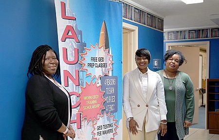 The three staff members at East Mississippi Community College’s Adult Education Launch Pad East in Columbus are, from left, lead instructor Tshurah Dismuke, instructor Miranda Wells and clerical support worker Edie Latham.