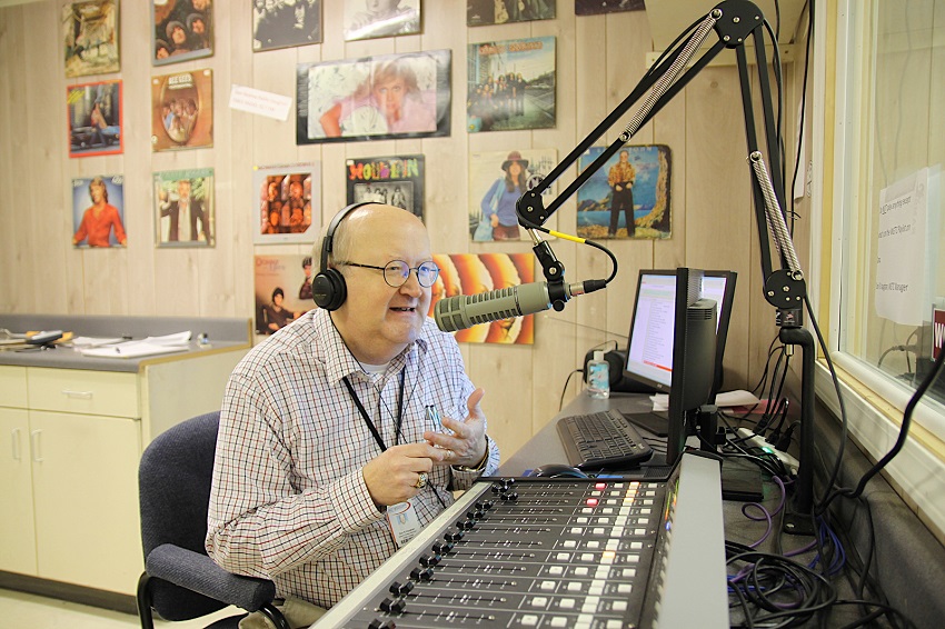 Don Rodney “Radio” Vaughan, a speech, theater and journalism instructor at East Mississippi Community College, broadcasts a segment over the college’s radio station, WGTC 92.7 FM in this EMCC file photo. Vaughan is also the manager of the radio station.