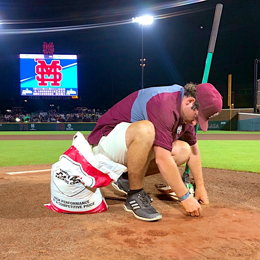 East Mississippi Community College Golf and Recreational Turf Management student Payton Smith patches the baseball mound on Mississippi State University’s Dudy Noble Field. Smith, who graduates from EMCC in December, works on MSU’s ground crew and has landed a paid internship working on the football field at the Kansas City Chief’s summer training camp.
