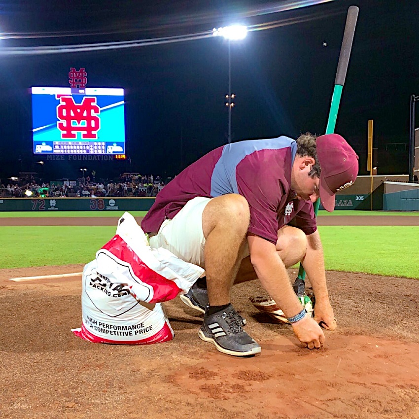 East Mississippi Community College Golf and Recreational Turf Management student Payton Smith patches the baseball mound on Mississippi State University’s Dudy Noble Field. Smith, who graduates from EMCC in December, works on MSU’s ground crew and has landed a paid internship working on the football field at the Kansas City Chief’s summer training camp. 