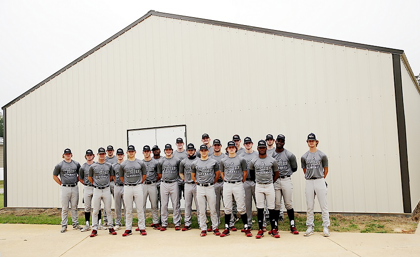 Members of the East Mississippi Community College baseball team outside the building that will house the players’ lockers, a dressing room and meeting area. A fundraiser has begun to equip the building’s interior.