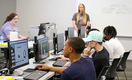 High school students enrolled in Camp AMP at The Communiversity at East Mississippi Community College work on a project for FlexFactor, which exposes students to STEM fields. 