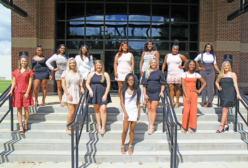 East Mississippi Community College’s 2021 Homecoming Court will be presented during halftime of the college’s Oct. 9 Homecoming football game. Members of the court are: front row, DeWittney White of Macon; middle row, from left, Peyton Dawkins of Brooksville, Kaitlynn Stroud of Enterprise, Baylee Smith of West Point, Kinley Stewart of Quitman, Mariah Johnson of Kosciusko and Sydney Pierce of West Point; back row, from left, Daliyah Cooperwood of West Point, Eurasia Thornton of Greenville, La’Tayja Sykes of West Point, Antavia Mosley of Meridian, Megan Williams of Starkville, Yasmine Brooks of Starkville and TyKerria Jones of Starkville. 