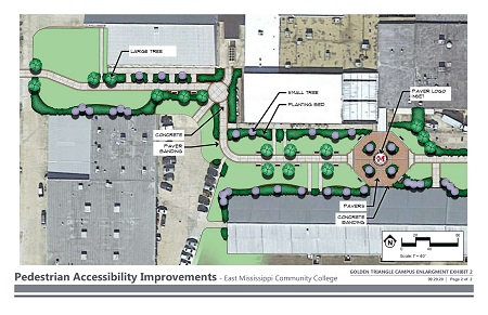 This conceptual drawing shows what the area between the Douglas Building and the Math and Science Building on East Mississippi Community College’s Golden Triangle campus will look like once walking paths and a courtyard are installed using federal funds.