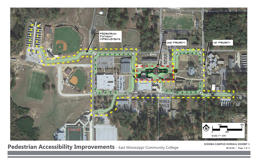 Areas highlighted in green in this conceptual drawing depict new walking paths and a courtyard that will be constructed on East Mississippi Community College’s Scooba campus with federal funds awarded to the college.