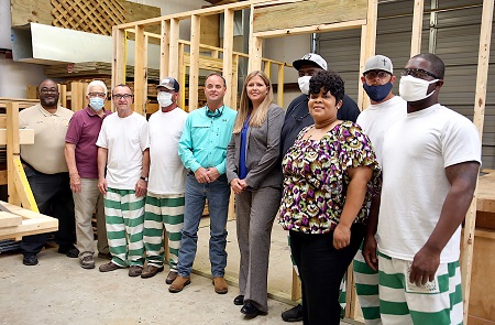 East Mississippi Community College is offering construction training to inmates at the Clay County Detention Center. Pictured here are Assistant Jail Administrator Frank Randle, EMCC instructor Johnny Duren, John Murphy, Jay Stacy, Clay County Sheriff Eddie Scott, EMCC Vice President of Workforce & Economic Development Dr. Courtney Taylor, Terrence Cowan, EMCC Information Specialist Tobie Fears, Shane Bazzell and Roderrick Walker. Other inmates in the construction course not pictured are Cedric Carter and James Martin.