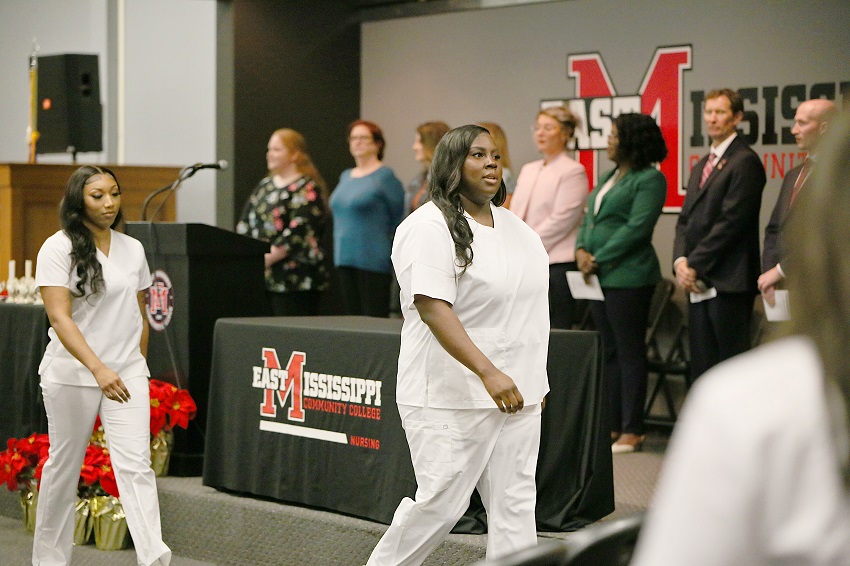 Thirty-three graduates of East Mississippi Community College’s Associate Degree Nursing program participated in a pinning ceremony Thursday, Dec. 8, in the Lyceum Auditorium on the college’s Golden Triangle campus.