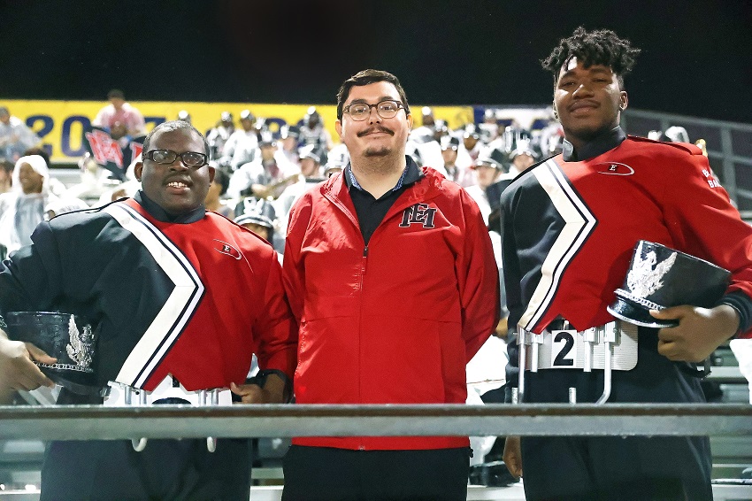 East Mississippi Community College Mighty Lion Band Drumline students Jerremy Moore, at left, and Davin Davis, at right, are believed to be the first two Mississippi students to be invited to complete individually in the Percussive Arts Society International Convention in Indianapolis, Ind. They are being accompanied by EMCC Assistant Director of Bands Benjamin Neal, at center.