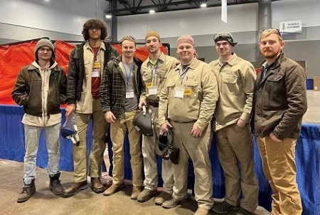 Five students enrolled in the Welding & Fabrication Technology program on East Mississippi Community College’s Golden Triangle campus earned first place awards in the Mississippi SkillsUSA State Championships and will compete in the national SkillsUSA championships. They are pictured here with welding instructors Levi Linton, third from left, and Cliff Sanders, far right. The students are, from left, Leander Willis, Christopher Goodwin, Preston Payne, Mason Smith and Peyton King.