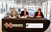 From left, East Mississippi Community College President Dr. Scott Alsobrooks, William Carey University Executive Vice President Dr. Ben Burnett and William Carey Associate Vice President of the College of Health Sciences Dr. Janet Williams took part in a May 9 signing of an agreement that will make it easier for EMCC students enrolled in allied health programs to transfer to William Carey. 