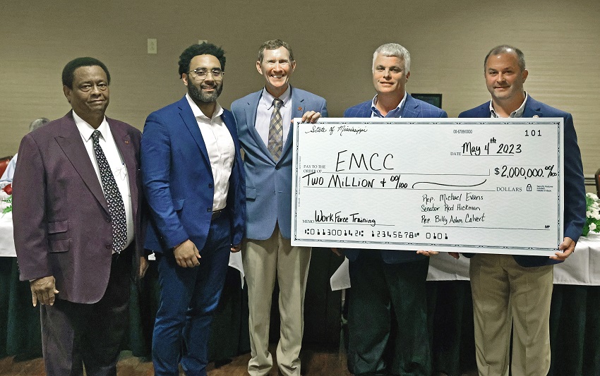 Mississippi legislators presented East Mississippi Community College with a ceremonial check in the amount of $2 million May 4 to offset construction costs of a new career technical building to be built on the college’s Scooba campus. Those who participated in the check presentation are, from left, former Sen. Sampson Jackson, Sen. Rod Hickman, EMCC President Dr. Scott Alsobrooks, Rep. Michael Ted Evans and Rep. Billy Adam Calvert.