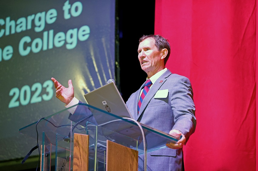 East Mississippi Community College President Dr. Scott Alsobrooks addresses faculty and staff during the college’s annual Convocation that took place on the Scooba campus.
