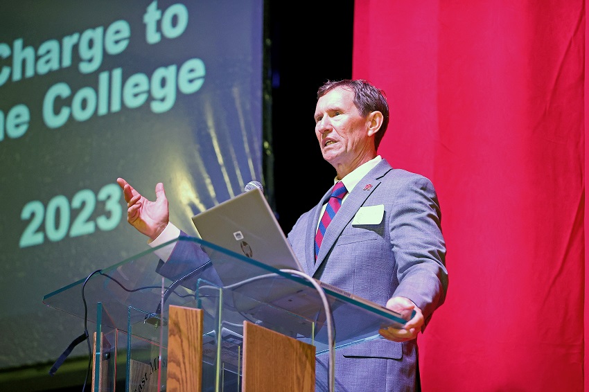 East Mississippi Community College President Dr. Scott Alsobrooks addresses faculty and staff during the college’s annual Convocation that took place on the Scooba campus. 