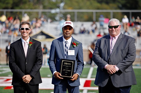 Kemper County Board of Supervisors District 1 representative James “Pat Granter, center, is EMCC’s 2023 Distinguished Service Award recipient and was recognized during halftime of the college’s Oct. 21 Homecoming football game by EMCC President Dr. Scott Alsobrooks, at left, and Dean of Scooba Campus/College Advancement Tony Montgomery. 