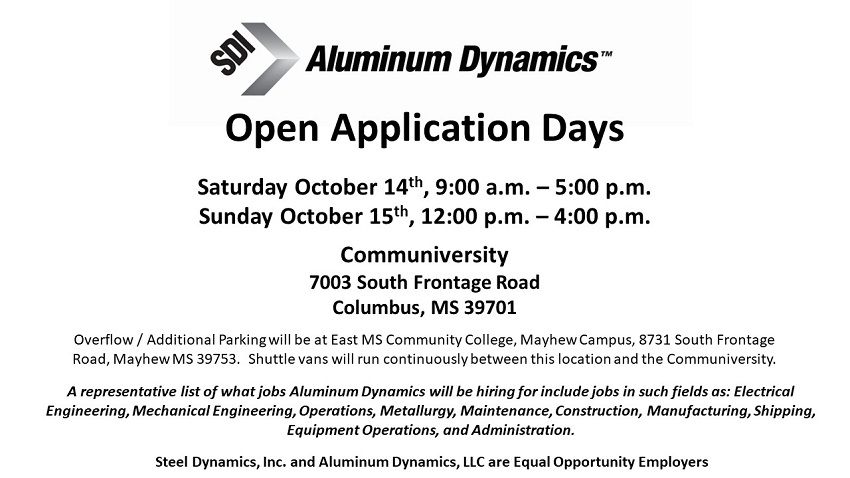 Aluminum Dynamics will host a hiring event Oct. 1-15 at The Communiversity at EMCC.