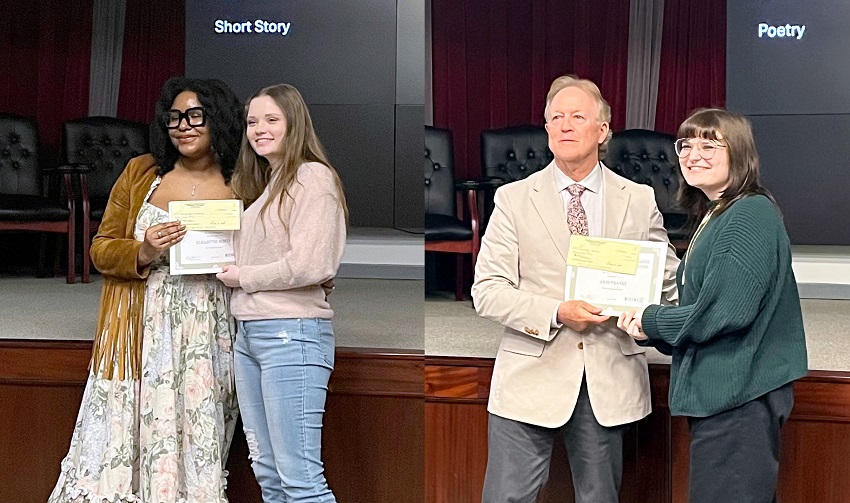 In the photo at left, EMCC student Elizabeth McBeth, at right, is presented a second-place award in the 2023-24 Mississippi Community College Creative Writing Association’s (MCCWA) annual workshop and contest in the Short Fiction category. In the photo at right, EMCC student Arin Franks was awarded second place in the Poetry category. 
