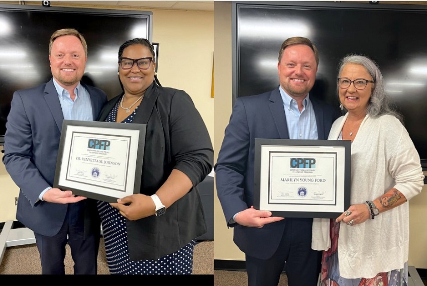 Mississippi Community College Policy Fellows Program co-director Tyson Elbert presents EMCC employees Dr. Renyetta Johnson, at left, and Marilyn Ford with certificates for completing the program’s one-year leadership program.