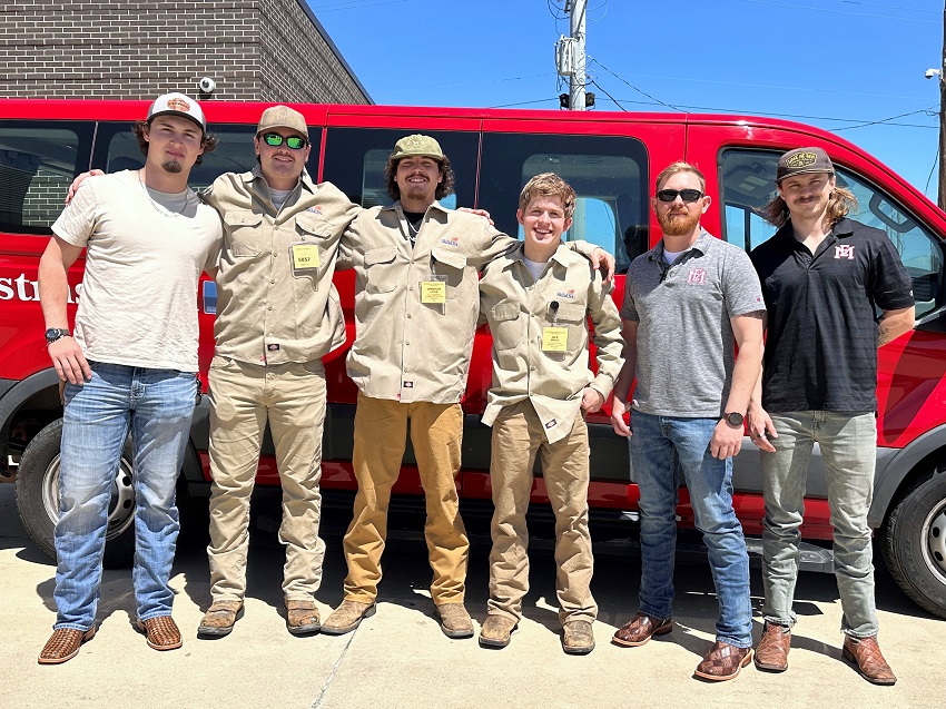 From left, East Mississippi Community College Welding & Fabrication Technology students Wyatt Enger, Jacob Willow, Chandler Little and Jack Smith each earned gold in the Mississippi SkillsUSA State Championships and will compete to the national championships. They are pictured here with EMCC Welding instructors Cliff Sanders, second from right, and Levi Linton, at far right. 