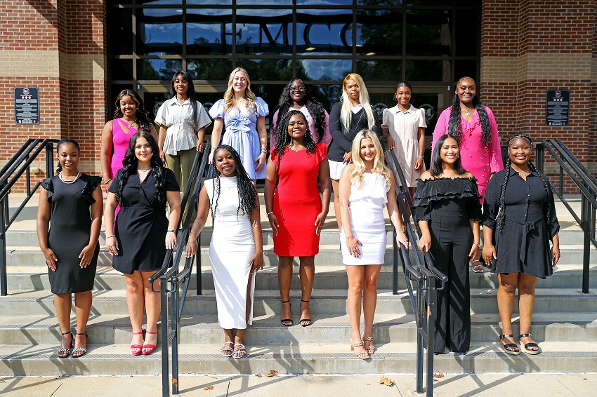 Members of East Mississippi Community College’s 2025 Homecoming Court are, front row, from left, Korie Stallings, Jenna Mosley, Yazmiunna Beck, Shakyrah Mullen, Aspen Helms, Kennedy Bell and Lazaria Young. In the back row, from left, are Kaylee Goss, Destinee Walker, Ada Anderson, Tyra Lowery, Kaleigh Smith, Makiya Pickens and Taliyah Thomas. The court will be presented during halftime of EMCC’s Oct. 11 Homecoming game, and the Homecoming Queens will be crowned.
