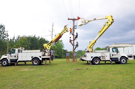 EMCC offers Utility Lineworker Technology programs on both the Scooba and Golden Triangle campuses. Pictured here are students on the Scooba campus. The program originated on the Scooba campus and was expanded to the Golden Triangle campus to meet a local demand for workers in the field.