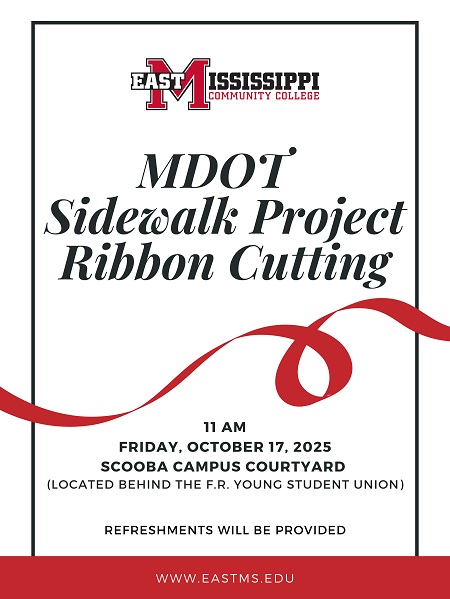 A ribbon cutting to officially unveil new walking paths, pedestrian crosswalks and courtyards on East Mississippi Community College’s Scooba campus will take place Friday, Oct. 17, at 11 a.m. behind the F.R. Young Student Union.