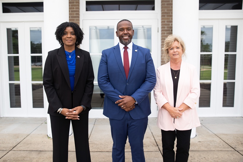 East Mississippi Community College President Dr. Scott Alsobrooks announced the following promotions and new roles for, from left, Sharon Thompson, who is now the dean of the college’s Scooba campus, Dr. James Rush who has been appointed as EMCC’s vice president and provost, and Gina Cotton, the executive director of Alumni Affairs and Foundation Operations, whose job duties now include Foundation fundraising efforts. 