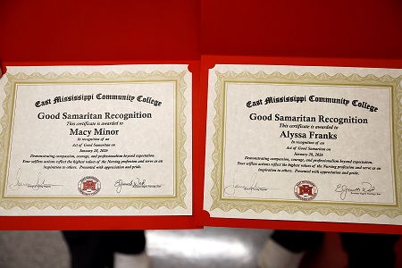 East Mississippi Community College Associate Degree Nursing students Macy Minor, and Alyssa Franks were presented with certificates for providing medical assistance at the scene of an automobile accident.