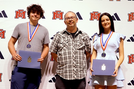 Members of the Phi Theta Kappa All-Mississippi Academic Team on East Mississippi Community College’s Scooba campus are Brendan Meachum, left, and Miller Blaylock, right. They are pictured here with Scooba PTK advisor Derrick Conner.
